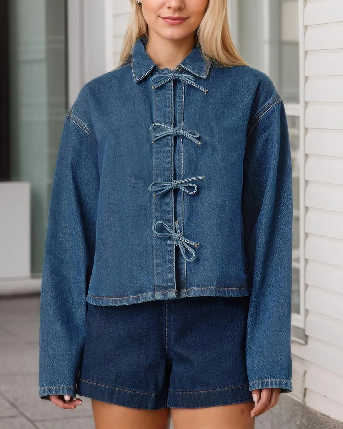 Kedera Womens Jean Jacket Tie Front Long Sleeve Denim Shacket Lapel Collar Tops Fall Winter Fashion Trendy Coat Blazer