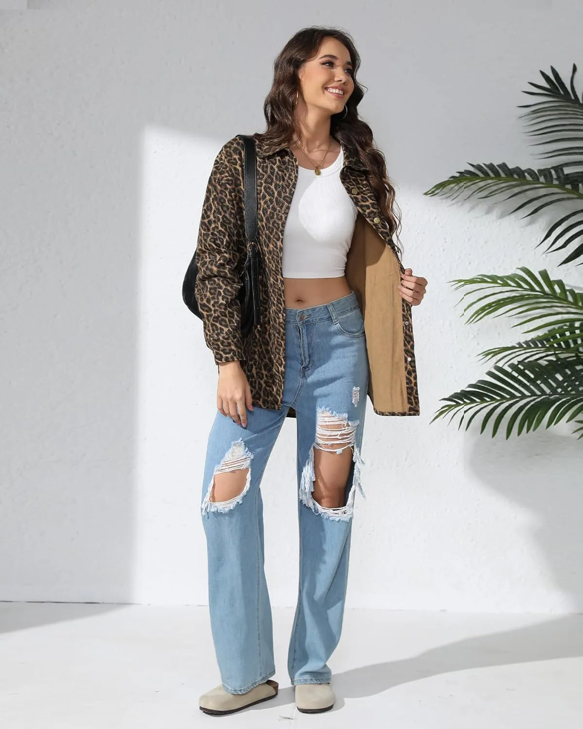 Kedera Womens Leopard Print Jean Jacket Cheetah Print Denim Bomber Jacket Button Down Shacket Coat