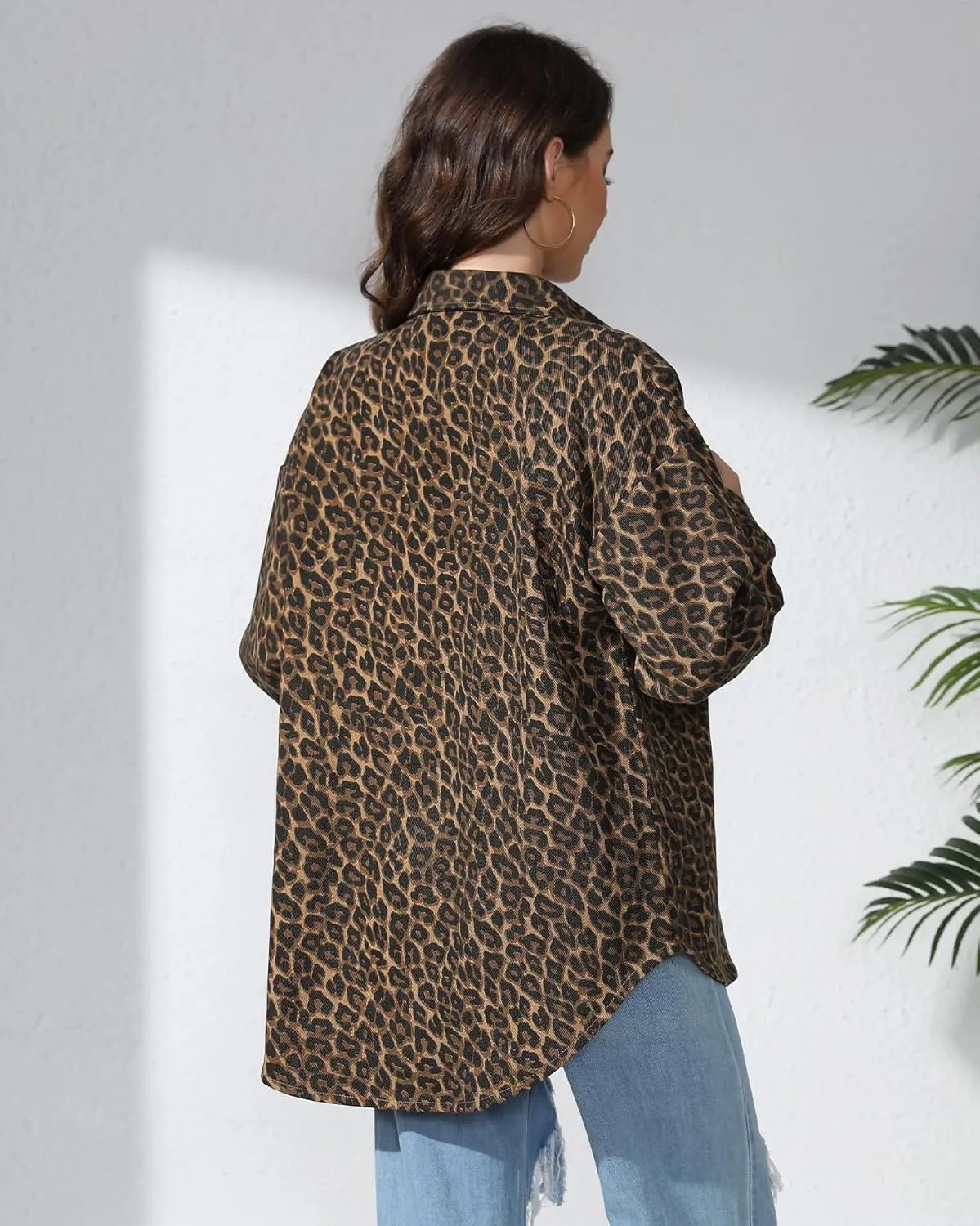 Kedera Womens Leopard Print Jean Jacket Cheetah Print Denim Bomber Jacket Button Down Shacket Coat