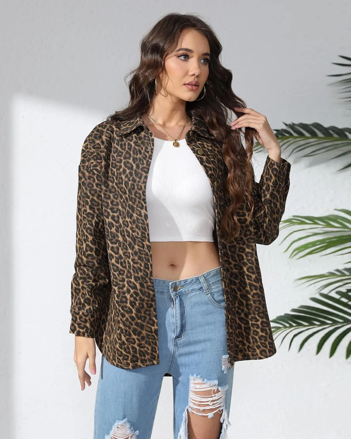 Kedera Womens Leopard Print Jean Jacket Cheetah Print Denim Bomber Jacket Button Down Shacket Coat