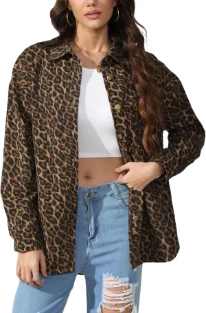Kedera Womens Leopard Print Jean Jacket Cheetah Print Denim Bomber Jacket Button Down Shacket Coat
