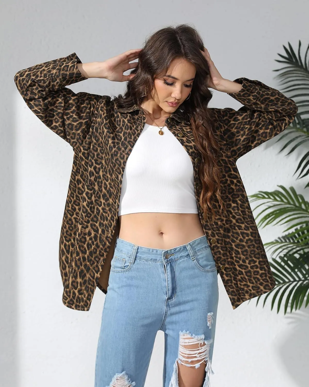 Kedera Womens Leopard Print Jean Jacket Cheetah Print Denim Bomber Jacket Button Down Shacket Coat