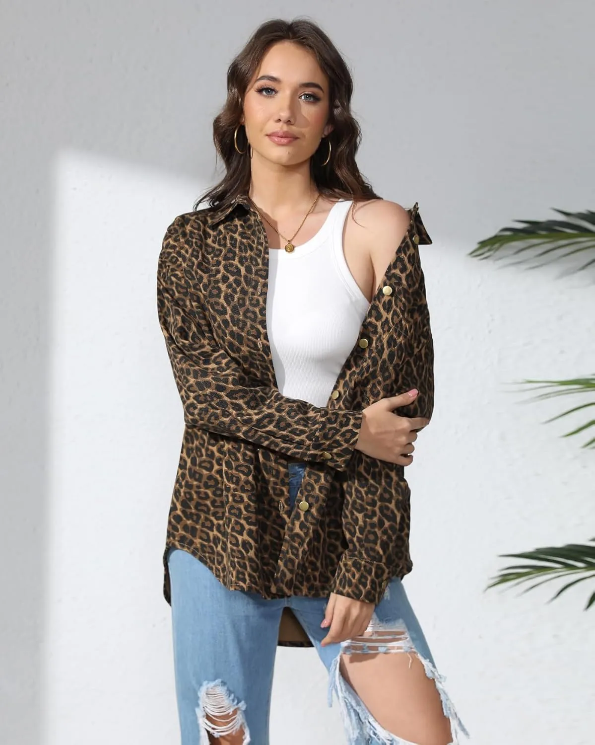 Kedera Womens Leopard Print Jean Jacket Cheetah Print Denim Bomber Jacket Button Down Shacket Coat