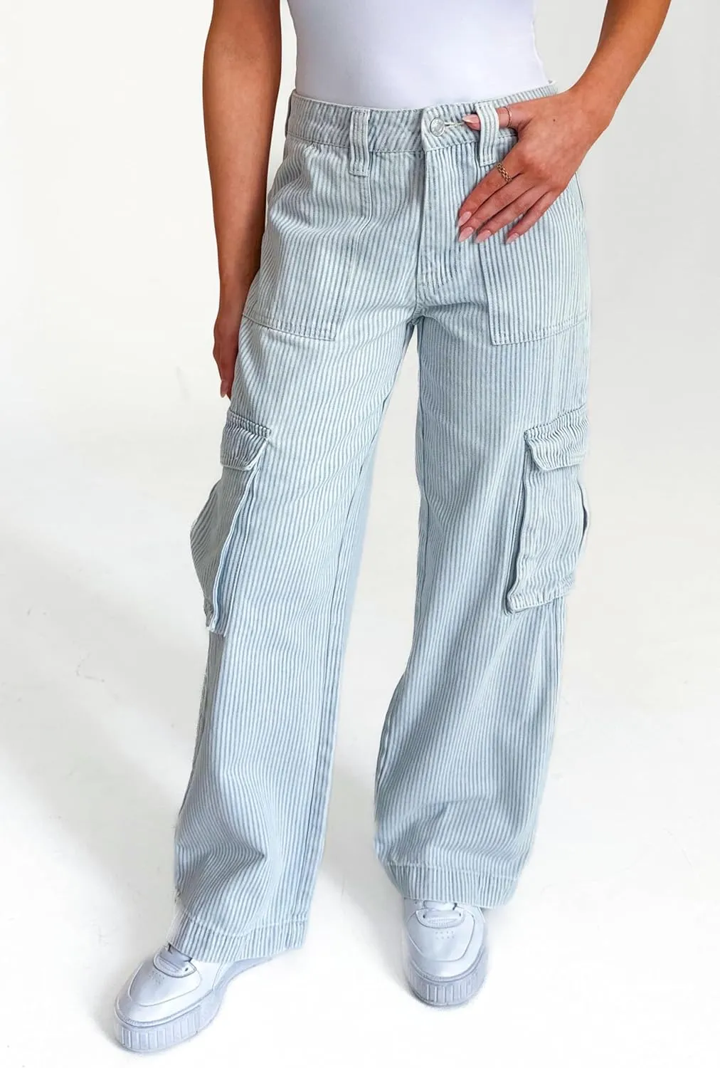 Kedera Women's Stripe Cargo Jeans High Rise Baggy Pants Straight Leg Casual Y2K Pants Boyfriend with Pockets