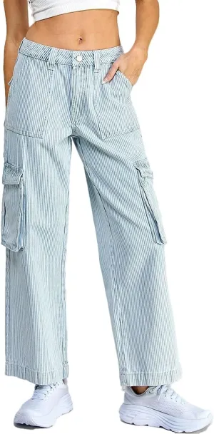 Kedera Women's Stripe Cargo Jeans High Rise Baggy Pants Straight Leg Casual Y2K Pants Boyfriend with Pockets