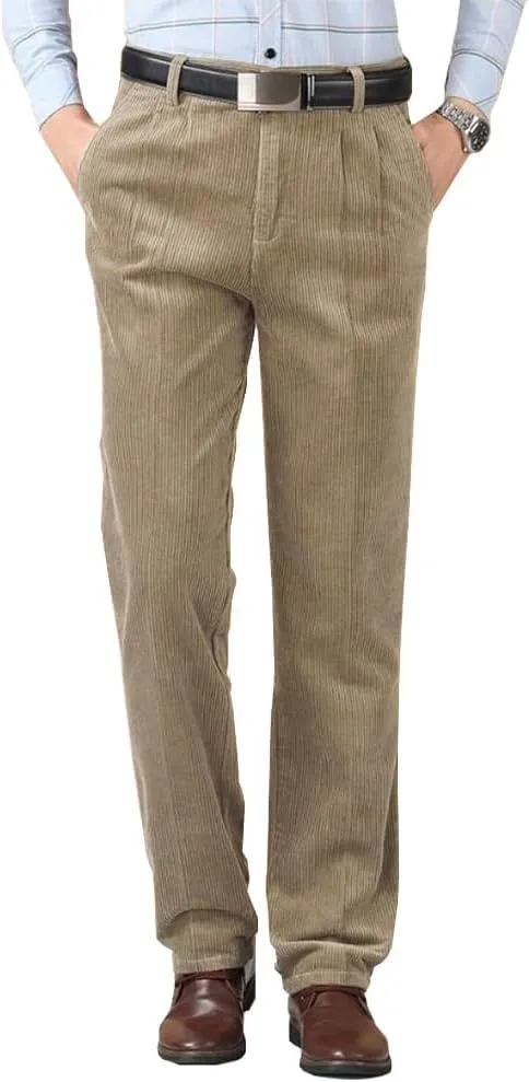 Kinghua Men's Pleated Front Corduroy Pants Casual Relaxed Fit Straight Leg Corduroy Pant