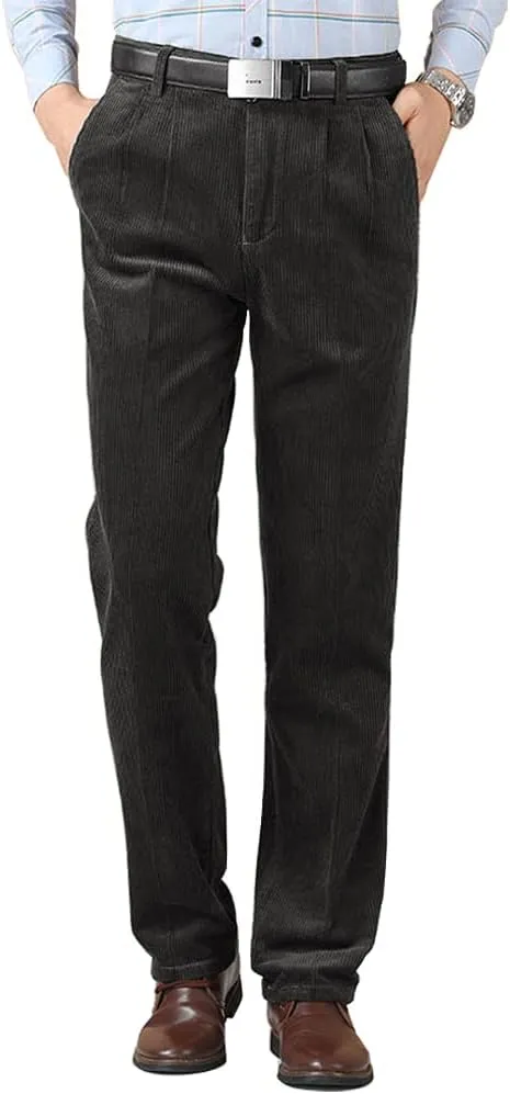 Kinghua Men's Pleated Front Corduroy Pants Casual Relaxed Fit Straight Leg Corduroy Pant