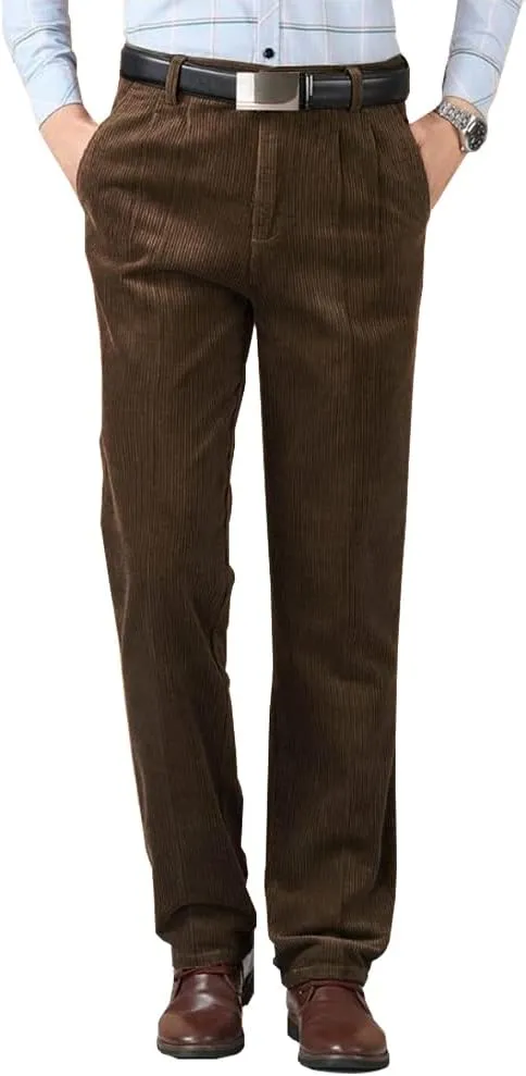 Kinghua Men's Pleated Front Corduroy Pants Casual Relaxed Fit Straight Leg Corduroy Pant