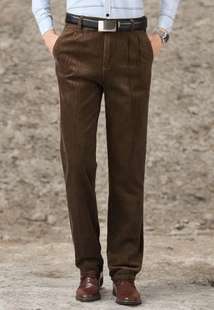 Kinghua Men's Pleated Front Corduroy Pants Casual Relaxed Fit Straight Leg Corduroy Pant