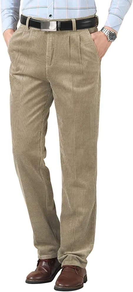 Kinghua Men's Pleated Front Corduroy Pants Casual Relaxed Fit Straight Leg Corduroy Pant