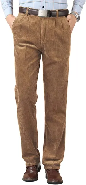 Kinghua Men's Pleated Front Corduroy Pants Casual Relaxed Fit Straight Leg Corduroy Pant