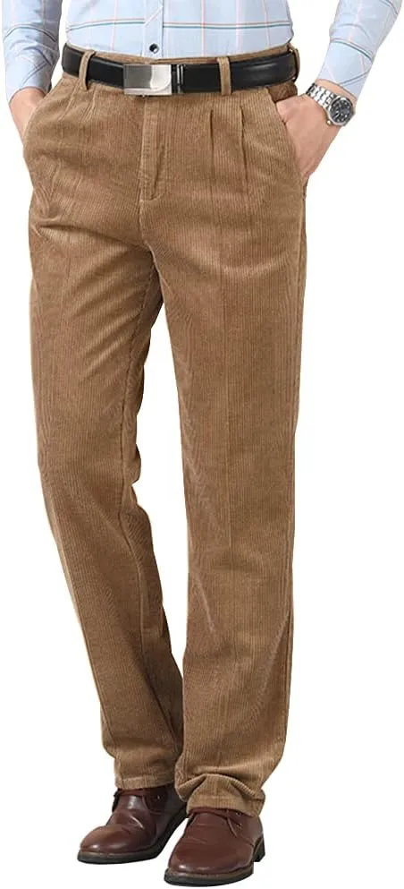 Kinghua Men's Pleated Front Corduroy Pants Casual Relaxed Fit Straight Leg Corduroy Pant
