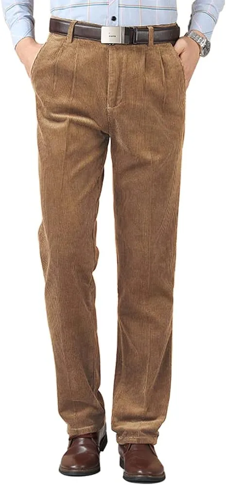 Kinghua Men's Pleated Front Corduroy Pants Casual Relaxed Fit Straight Leg Corduroy Pant