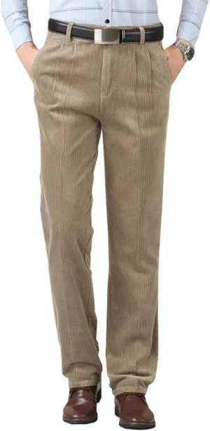 Kinghua Men's Pleated Front Corduroy Pants Casual Relaxed Fit Straight Leg Corduroy Pant