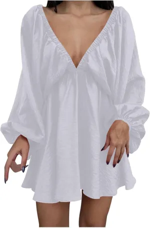 Knee Length Dress for Women 2025 Summer Sexy Long Sleeve V Neck Mini Dresses Casual Loose Fit Vintage Short Dress