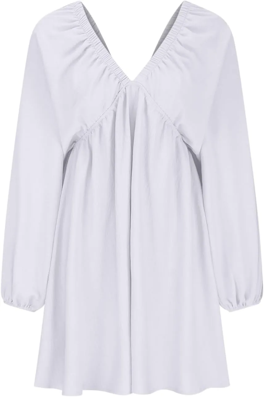 Knee Length Dress for Women 2025 Summer Sexy Long Sleeve V Neck Mini Dresses Casual Loose Fit Vintage Short Dress
