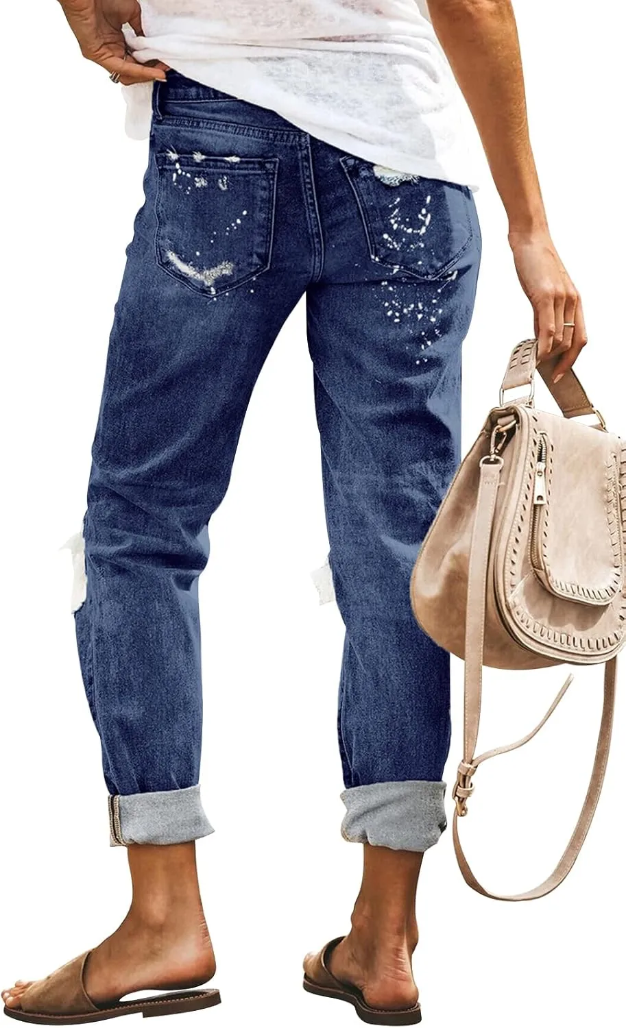 KUNMI Women's Ripped Mid Waisted Boyfriend Jeans Loose Fit Distressed Stretchy Denim Pants