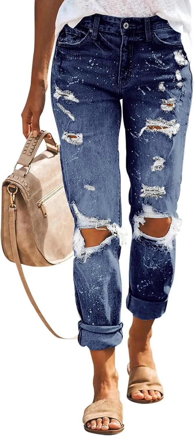 KUNMI Women's Ripped Mid Waisted Boyfriend Jeans Loose Fit Distressed Stretchy Denim Pants