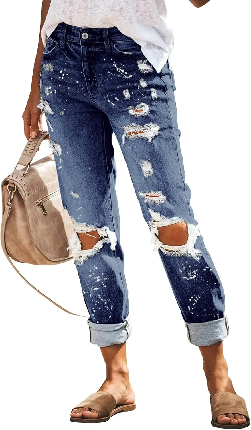 KUNMI Women's Ripped Mid Waisted Boyfriend Jeans Loose Fit Distressed Stretchy Denim Pants