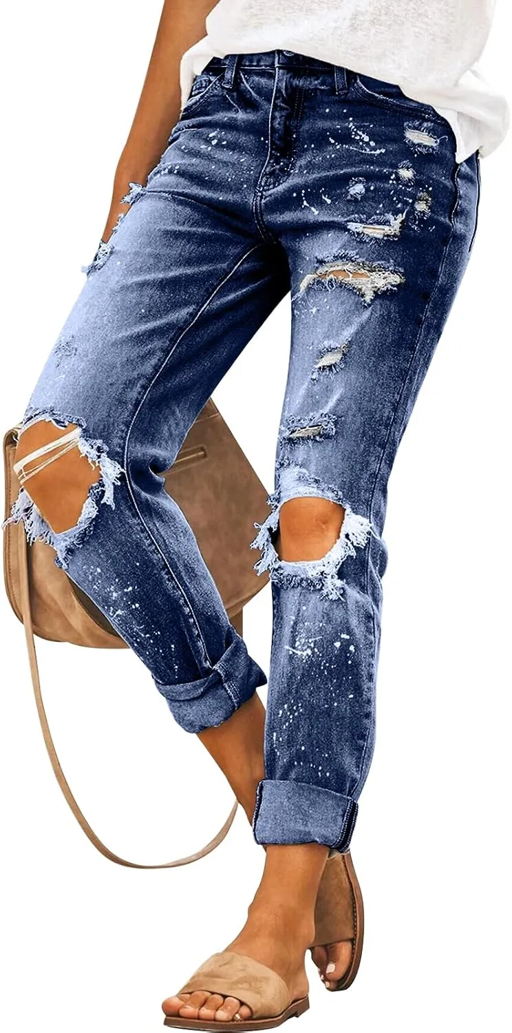 KUNMI Women's Ripped Mid Waisted Boyfriend Jeans Loose Fit Distressed Stretchy Denim Pants
