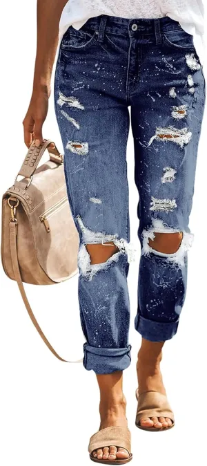 KUNMI Women's Ripped Mid Waisted Boyfriend Jeans Loose Fit Distressed Stretchy Denim Pants