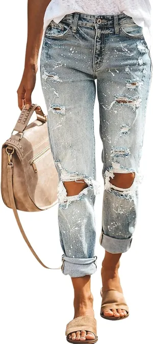 KUNMI Women's Ripped Mid Waisted Boyfriend Jeans Loose Fit Distressed Stretchy Denim Pants