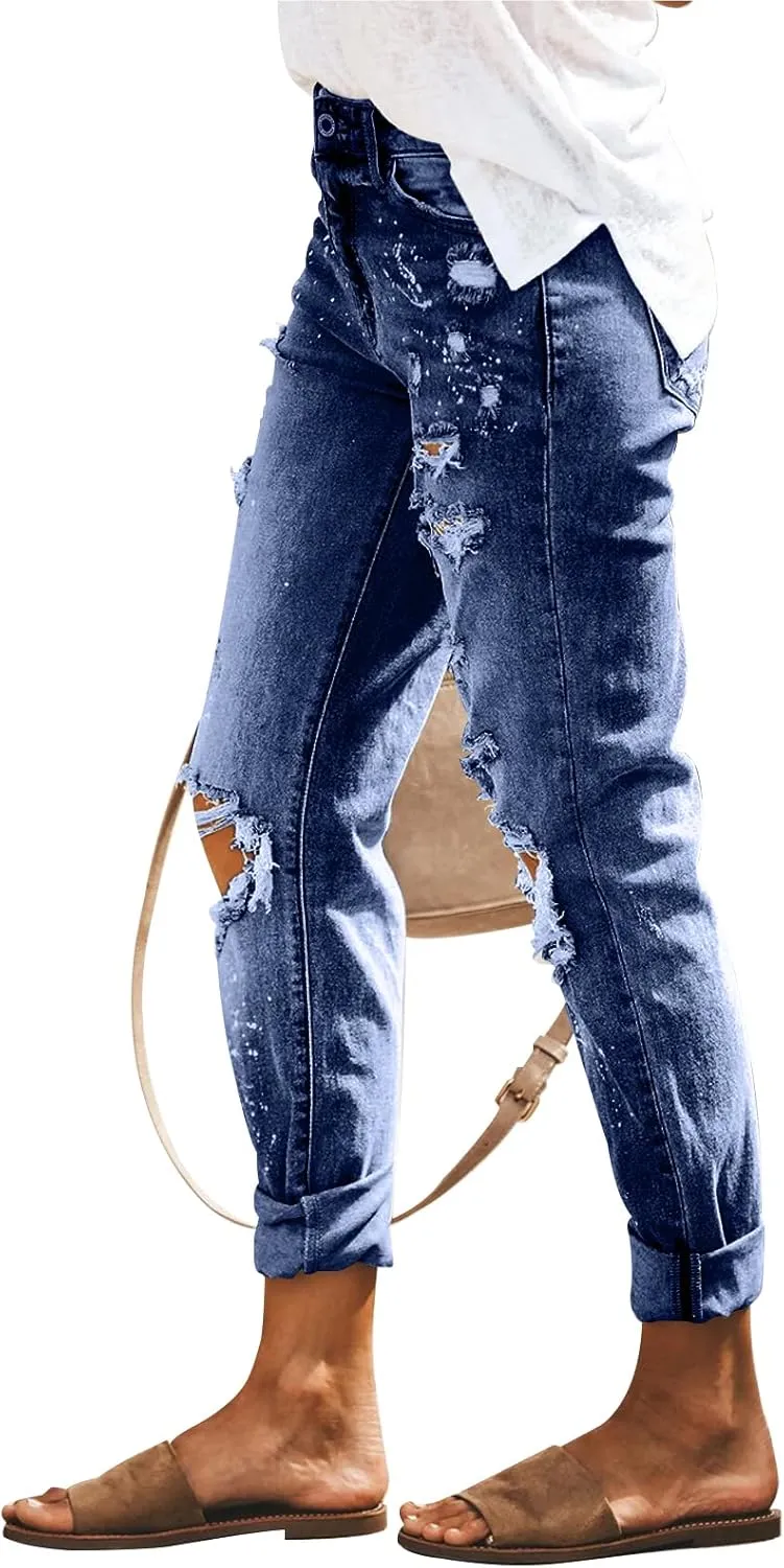 KUNMI Women's Ripped Mid Waisted Boyfriend Jeans Loose Fit Distressed Stretchy Denim Pants