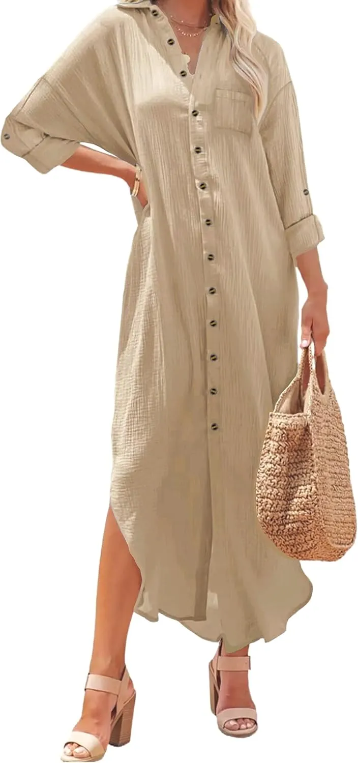 Kuraki Women's Casual Print Button Front Maxi Shirt Dress