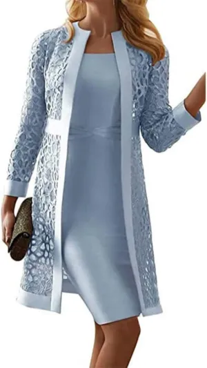 Lace Chiffon 2 Piece Set Dress for Women Elegant Long Sleeve Casual Dress Knee Length A Line Wedding Guest Dresses