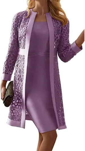 Lace Chiffon 2 Piece Set Dress for Women Elegant Long Sleeve Casual Dress Knee Length A Line Wedding Guest Dresses