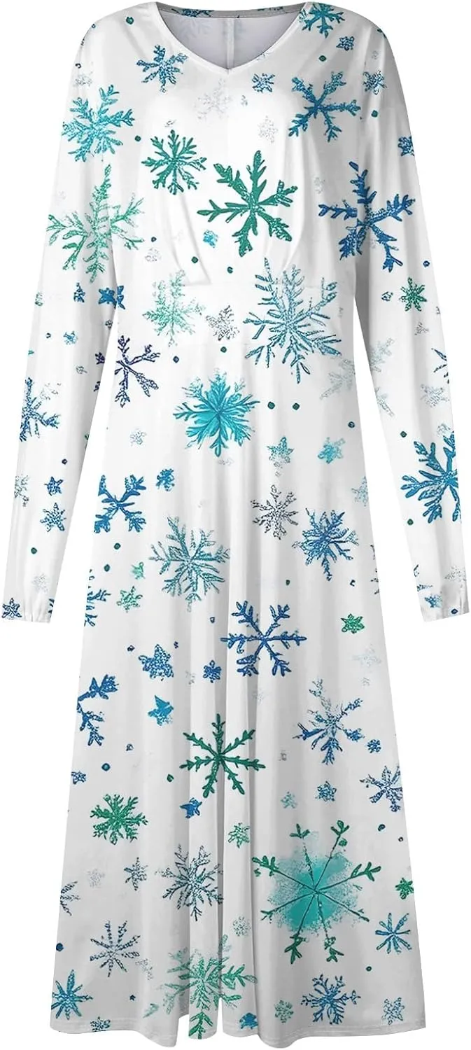 Ladies Long Sleeve Daily Dresses Dressy V-Neck Casual Midi Fashion Christmas Printed Winter Swing Dress