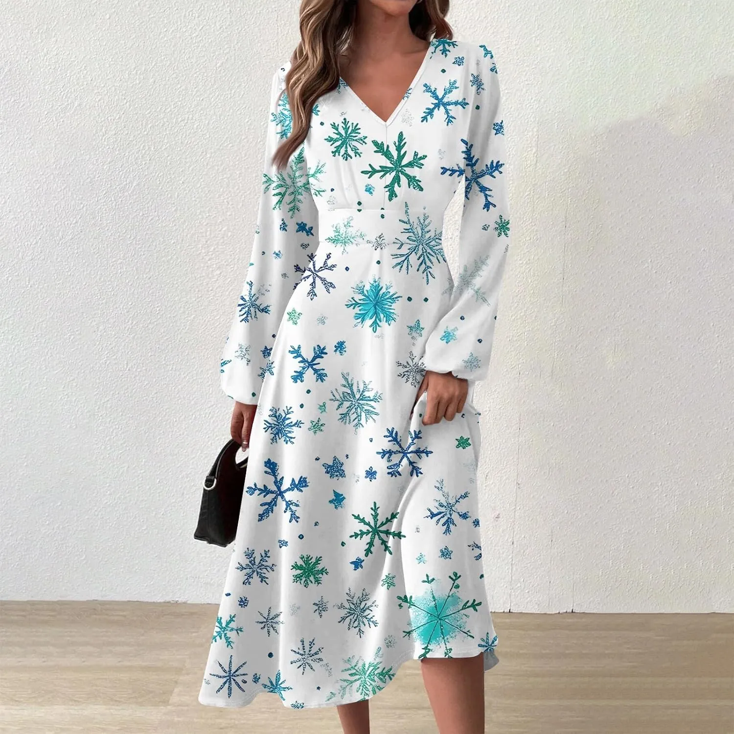Ladies Long Sleeve Daily Dresses Dressy V-Neck Casual Midi Fashion Christmas Printed Winter Swing Dress