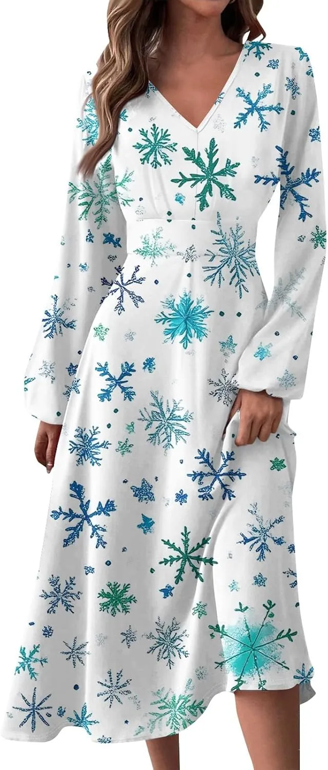 Ladies Long Sleeve Daily Dresses Dressy V-Neck Casual Midi Fashion Christmas Printed Winter Swing Dress