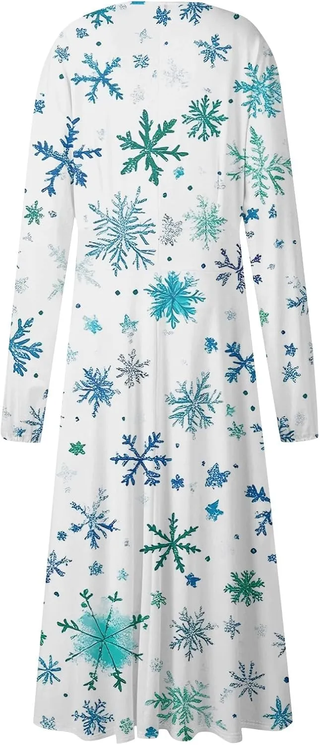 Ladies Long Sleeve Daily Dresses Dressy V-Neck Casual Midi Fashion Christmas Printed Winter Swing Dress