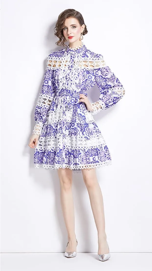 LAI MENG FIVE CATS Women's Hollow Out Lace Puff Sleeves Floral Print Button up Casual Mini Dress