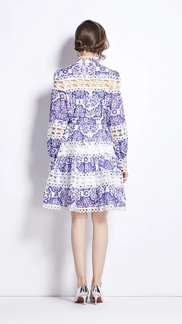 LAI MENG FIVE CATS Women's Hollow Out Lace Puff Sleeves Floral Print Button up Casual Mini Dress