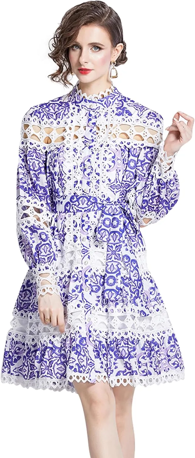 LAI MENG FIVE CATS Women's Hollow Out Lace Puff Sleeves Floral Print Button up Casual Mini Dress