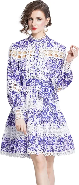 LAI MENG FIVE CATS Women's Hollow Out Lace Puff Sleeves Floral Print Button up Casual Mini Dress