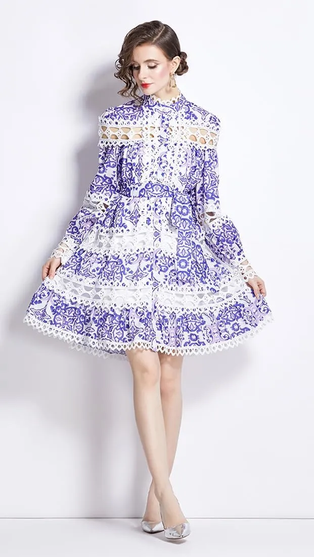 LAI MENG FIVE CATS Women's Hollow Out Lace Puff Sleeves Floral Print Button up Casual Mini Dress