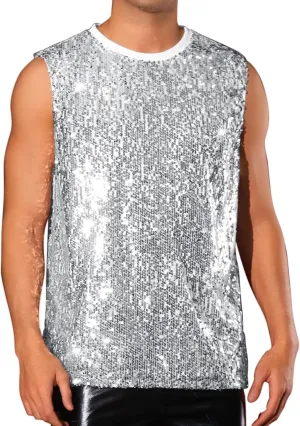 Lars Amadeus Sequin Tank Top for Men's Glitter Sleeveless Tee Disco Party Sparkly Metallic Vest