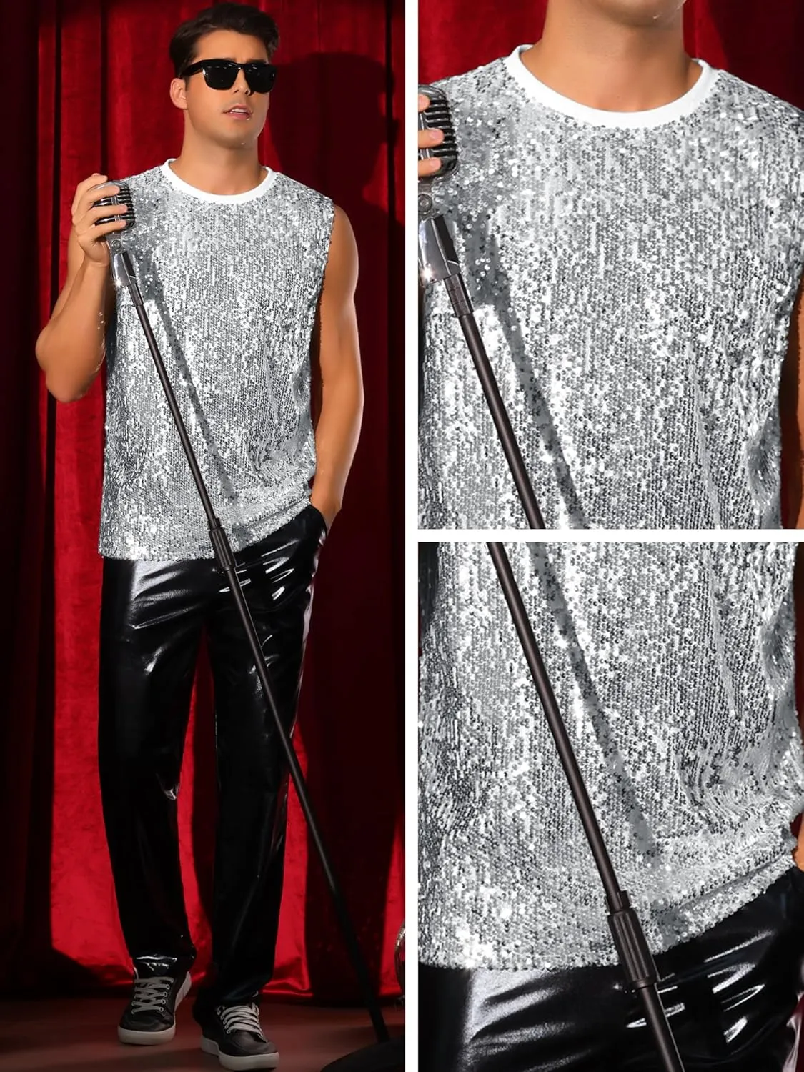 Lars Amadeus Sequin Tank Top for Men's Glitter Sleeveless Tee Disco Party Sparkly Metallic Vest