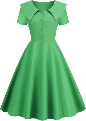 LAWOR Women's Puff Short Sleeve 1950s Dresses Polka Dot Print Tea Dresses V Neck Bowknot Rockabilly Dress Pleated Swing Dress