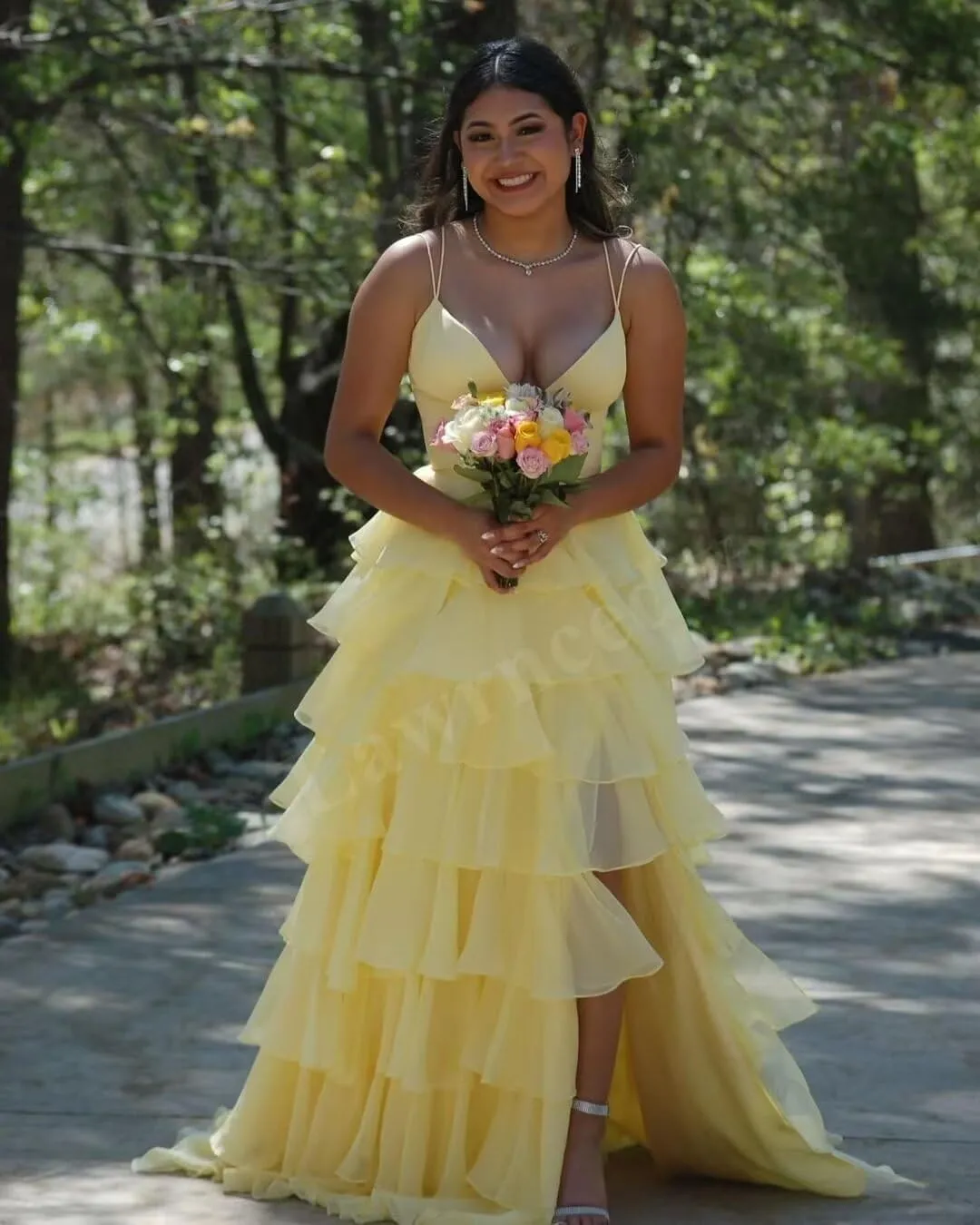 Lawrncedw Tiered Chiffon Prom Dresses for Women Spaghetti Straps Ruffle Formal Gowns V Neck Bridesmaid Dresses with Slit