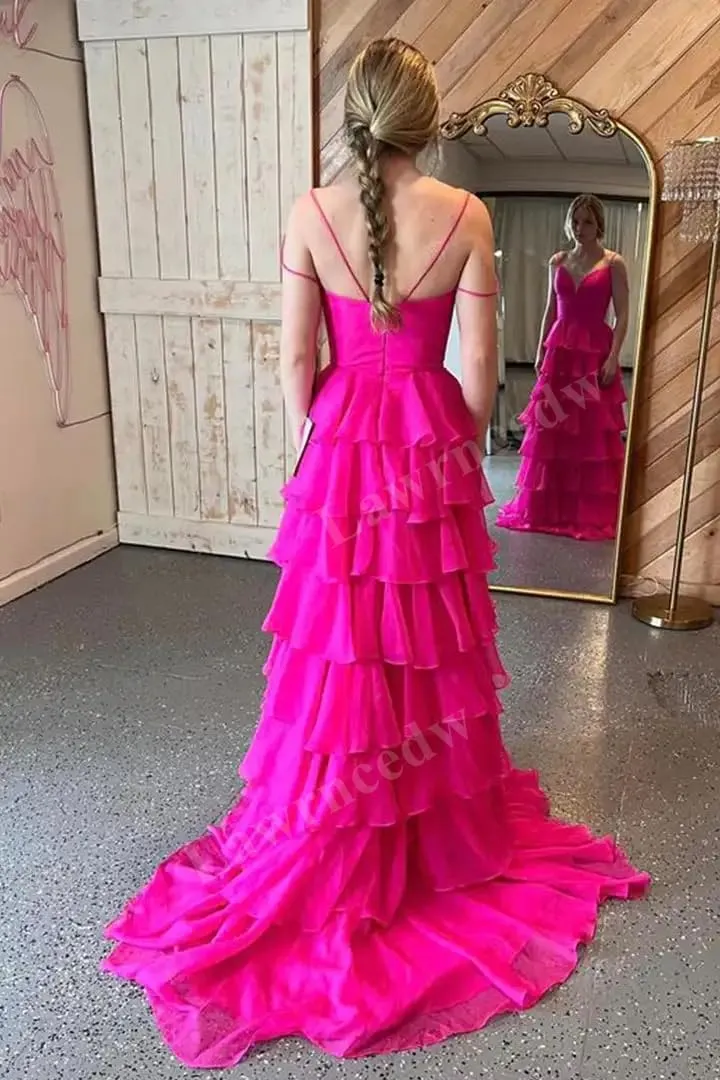 Lawrncedw Tiered Chiffon Prom Dresses for Women Spaghetti Straps Ruffle Formal Gowns V Neck Bridesmaid Dresses with Slit