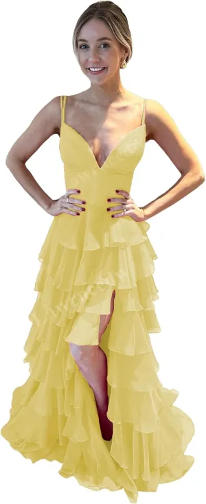 Lawrncedw Tiered Chiffon Prom Dresses for Women Spaghetti Straps Ruffle Formal Gowns V Neck Bridesmaid Dresses with Slit