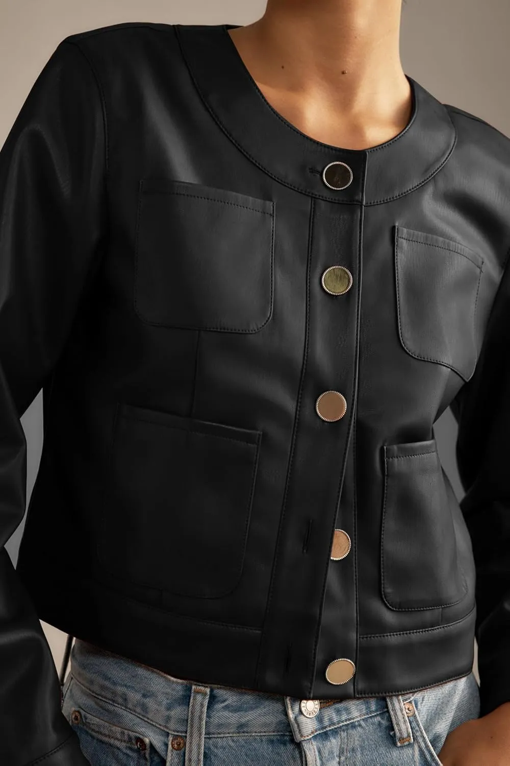 LifeShe Faux Leather Jackets Women Button Down Cropped Moto Biker PU Outerwear Coat Fall Fashion Outfits