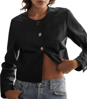 LifeShe Faux Leather Jackets Women Button Down Cropped Moto Biker PU Outerwear Coat Fall Fashion Outfits