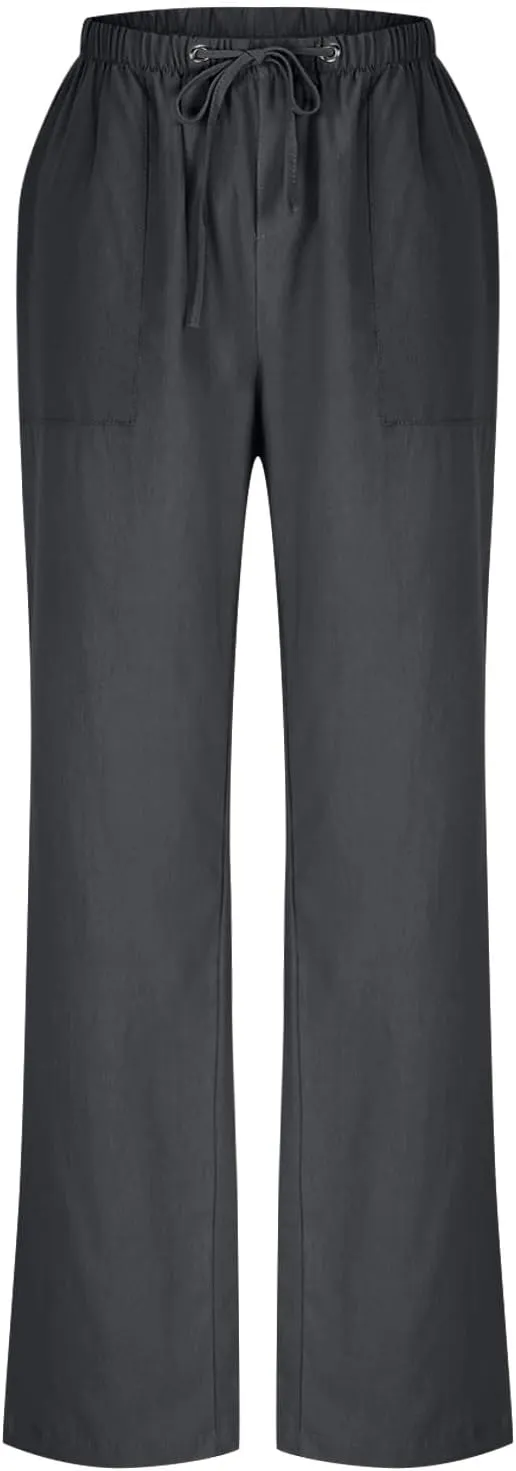 Lightweight Cotton Linen Pants Women Solid Drawstring Straight Wide Leg Trousers Summer Comfy Vacation Pant Plus Size