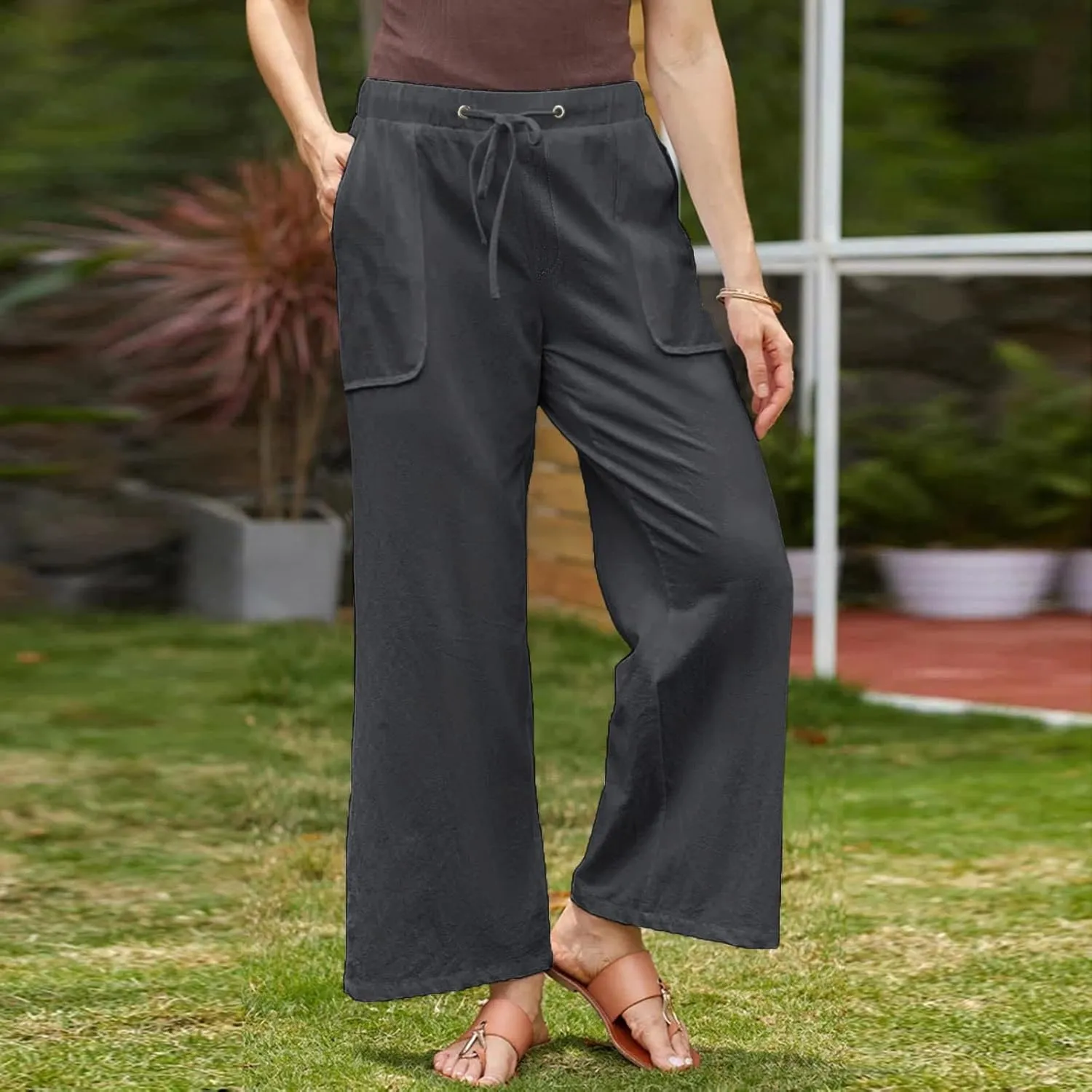 Lightweight Cotton Linen Pants Women Solid Drawstring Straight Wide Leg Trousers Summer Comfy Vacation Pant Plus Size
