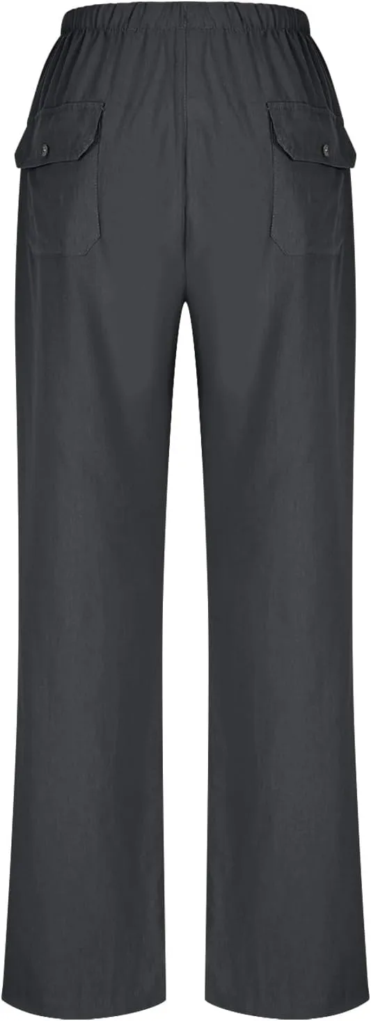 Lightweight Cotton Linen Pants Women Solid Drawstring Straight Wide Leg Trousers Summer Comfy Vacation Pant Plus Size
